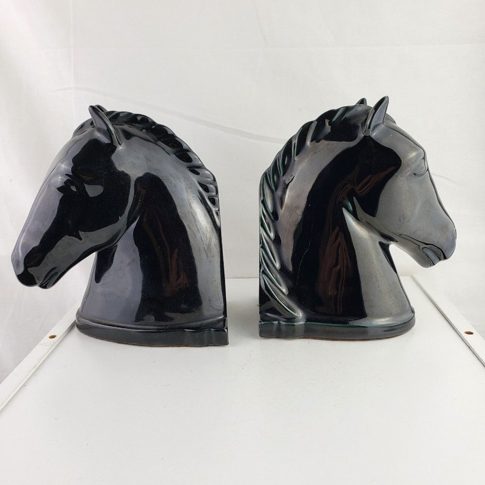 Vintage Abingdon Pottery USA Glossy Black Horse Head Bookends